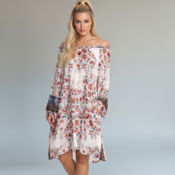 Johnny Was Myriah Silk Floral Aztec Pocket Dress Long Sleeve Size L pBohemian